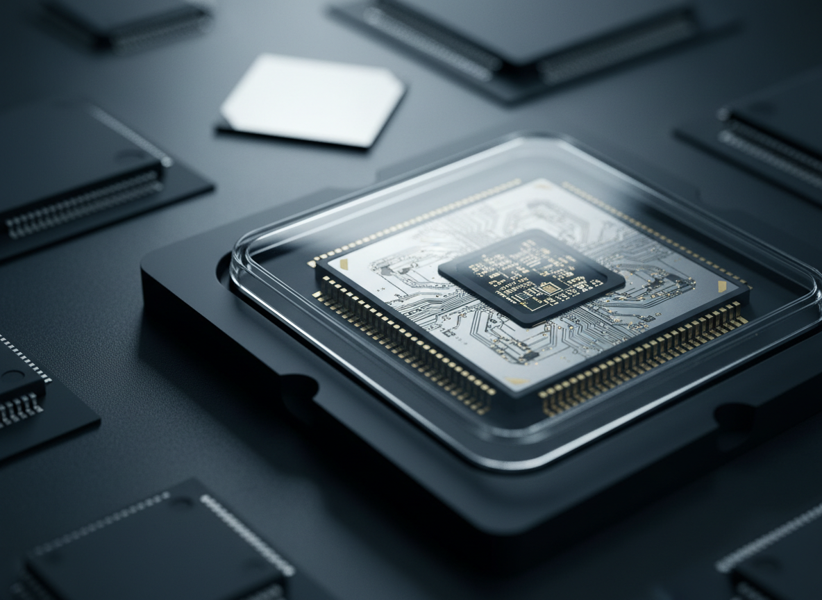 A high-resolution, photographic close-up of a modern VLSI microchip resting on a dark, matte antistatic wafer carrier. The chip’s polished silicon die, with intricate metallic routing layers and tiny bond pads, is clearly visible under a transparent protective lid. Surrounding it are other out-of-focus packaged chips and wafer fragments, suggesting an advanced semiconductor lab environment. Cool, directional studio lighting from the upper left creates crisp reflections along the metal traces and subtle shadows in the etched structures, emphasizing technical precision. Shot from a slightly elevated angle with shallow depth of field, centering the chip on the rule of thirds. The mood is professional, clean, and highly technical, with photographic realism and a modern, minimal aesthetic suitable for a semiconductor insights blog header.